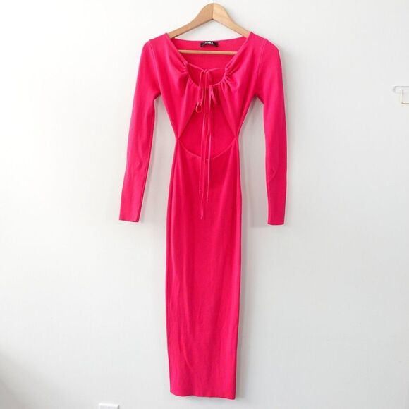 Cut Out Waist Sweater Dress XS Hot Pink Front Tie Party Cocktail Maxi Party HERA - Picture 1 of 13